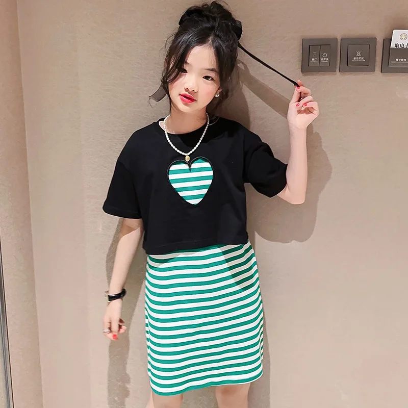 

2023 Summer Girl Clothes children set stirped Crop Top T-shirt + shorts striped dress Outfits Kids Suits teens 5 6 8 10 12 years