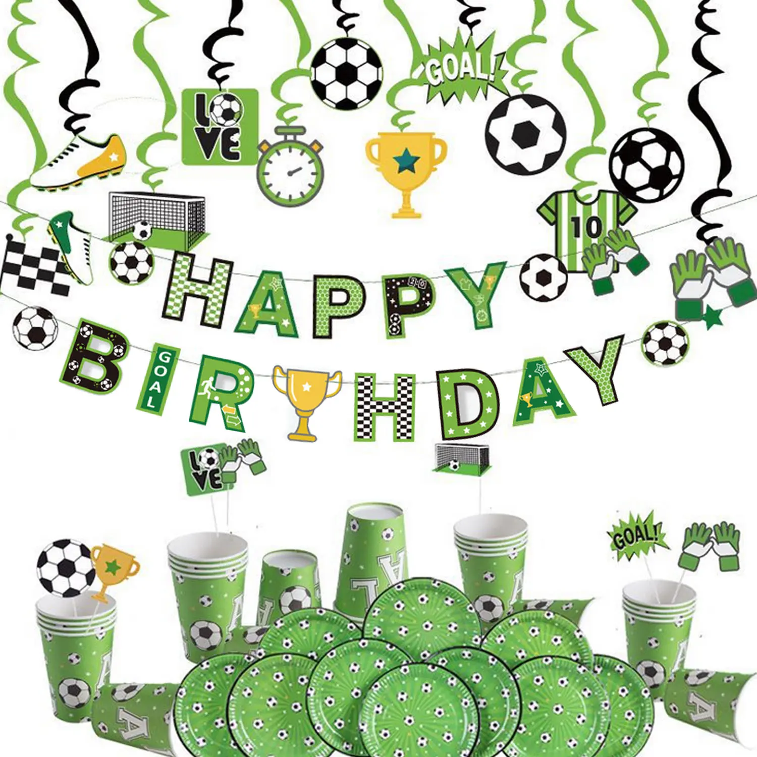 80pcs Soccer Theme Party Decoration Kit with Birthday Banner Cupcake Toppers Plate Cup Hanging Swirl for Birthday Party Supplies
80pcs Soccer Theme Party Decoration Kit with Birthday Banner Cupcake Toppers Plate Cup Hanging Swirl for Birthday Party Supplies