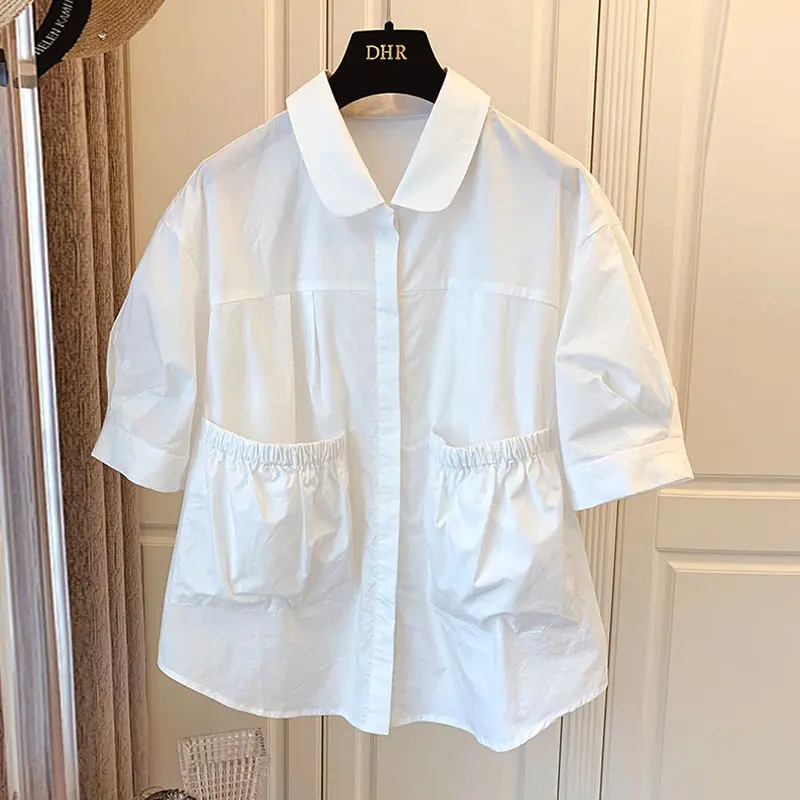 SuperAen Cotton Loose Casual French Retro Peter Pan Collar Fold Double Pocket Splicing Short Solid Shirt Summer Blouse Women
SuperAen Cotton Loose Casual French Retro Peter Pan Collar Fold Double Pocket Splicing Short Solid Shirt Summer Blouse Women