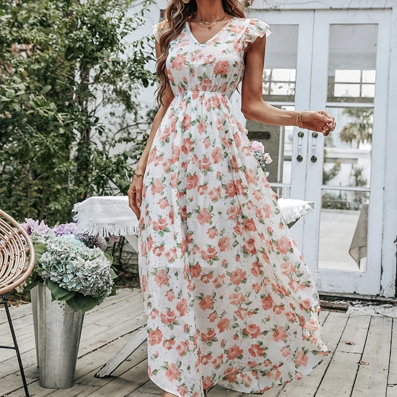 Women Sleeveless Ruffle Trim V-Neck Maxi Long Dress Sexy Cut Out Backless Boho Floral Print Asymmetric Flowy Sundress
Women Sleeveless Ruffle Trim V-Neck Maxi Long Dress Sexy Cut Out Backless Boho Floral Print Asymmetric Flowy Sundress