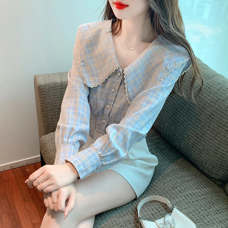 2022 autumn new women lace doll collar short slim plaid long-sleeved shirt French slim waist chiffon bottoming blouse female
2022 autumn new women lace doll collar short slim plaid long-sleeved shirt French slim waist chiffon bottoming blouse female