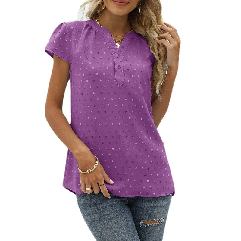 Women's Summer Newest Solid Color Jacquard Chiffon Shirt Loose V-neck Pullover Short Sleeve Womens Tops and Blouses
Women's Summer Newest Solid Color Jacquard Chiffon Shirt Loose V-neck Pullover Short Sleeve Womens Tops and Blouses