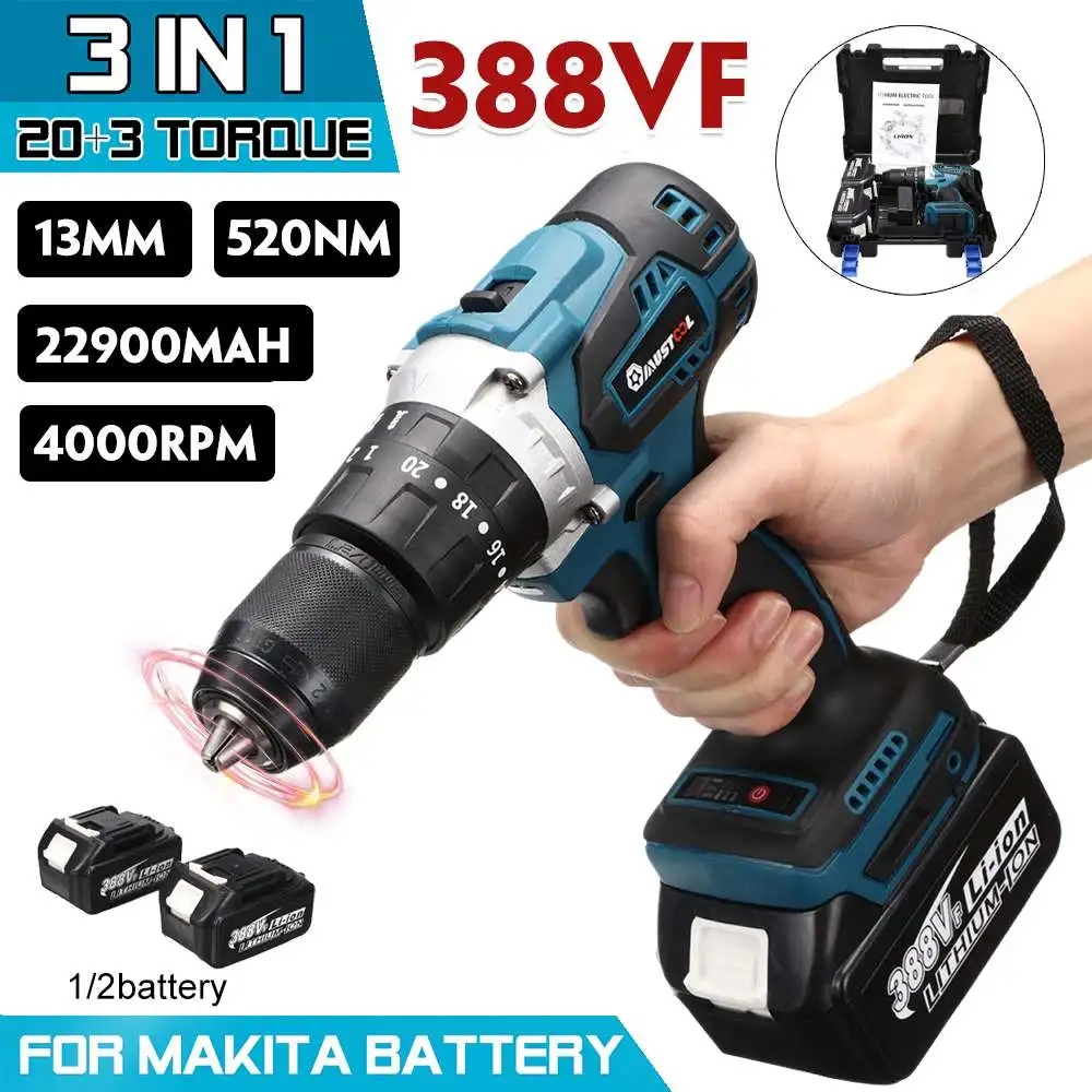 3 IN 1 388VF 13mm Brushless Electric Drill Screwdriver Rechargeable Cordless Impact Drill Hammer for Makita 18V Battery
3 IN 1 388VF 13mm Brushless Electric Drill Screwdriver Rechargeable Cordless Impact Drill Hammer for Makita 18V Battery