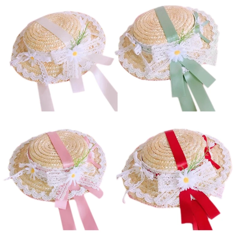 

Women Girls Straw Cap Lolitas Lightweight Hat Rural Tea Party Lace Flower Decorated Small Hats Costume Accessories