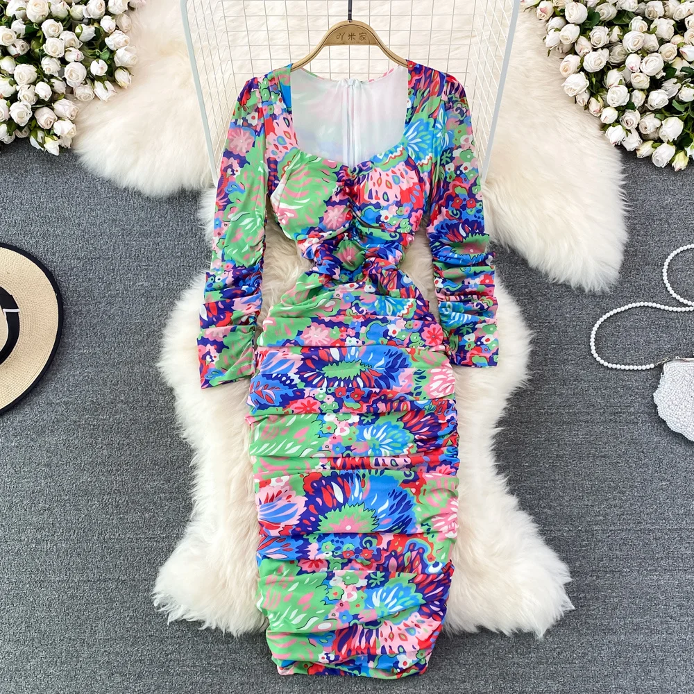 

Runway Celebrities 2022 Summer Floral Print Sheath Bodycon Mesh Tulle Dress Women Long Sleeve Slim Fits Midi Long Party Vestidos