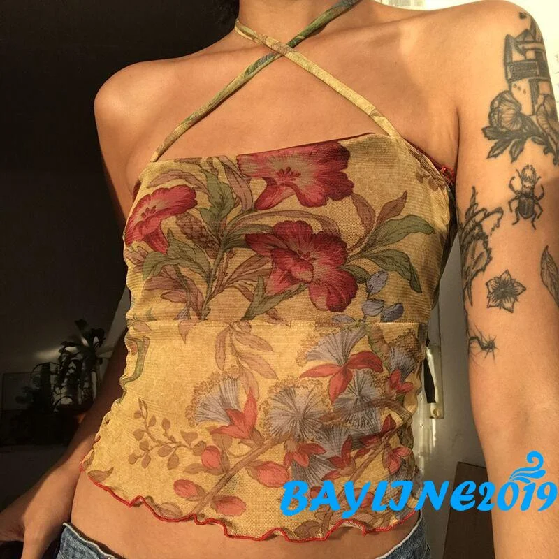 

BAY-Ladies Summer Sexy Midriff-baring Camisole, Floral Printing Stringy Selvedge Hem Hanging Neck Sleeveless Mesh Tops