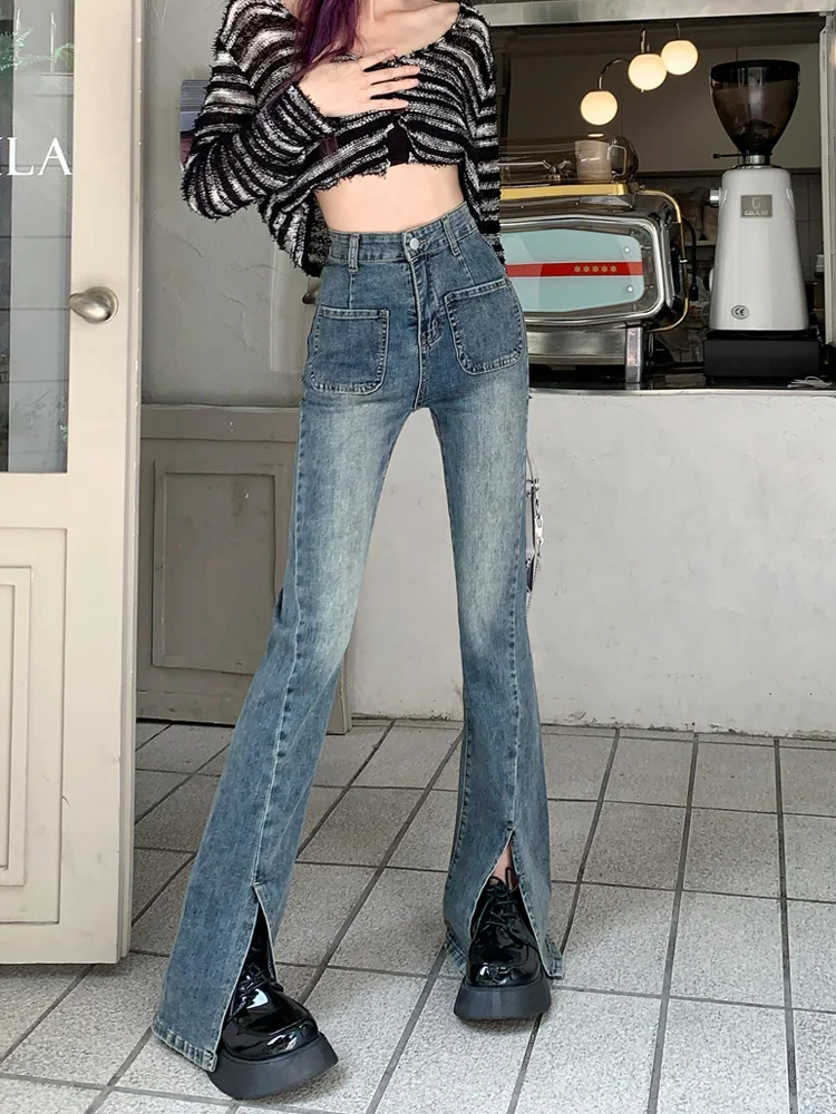 

High Waisted Y2K Flare Jeans With Slit Aesthetic Retro 2000s Elastic Denim Pants Streetwear Slim Long Trousers Skinny Jean Femme