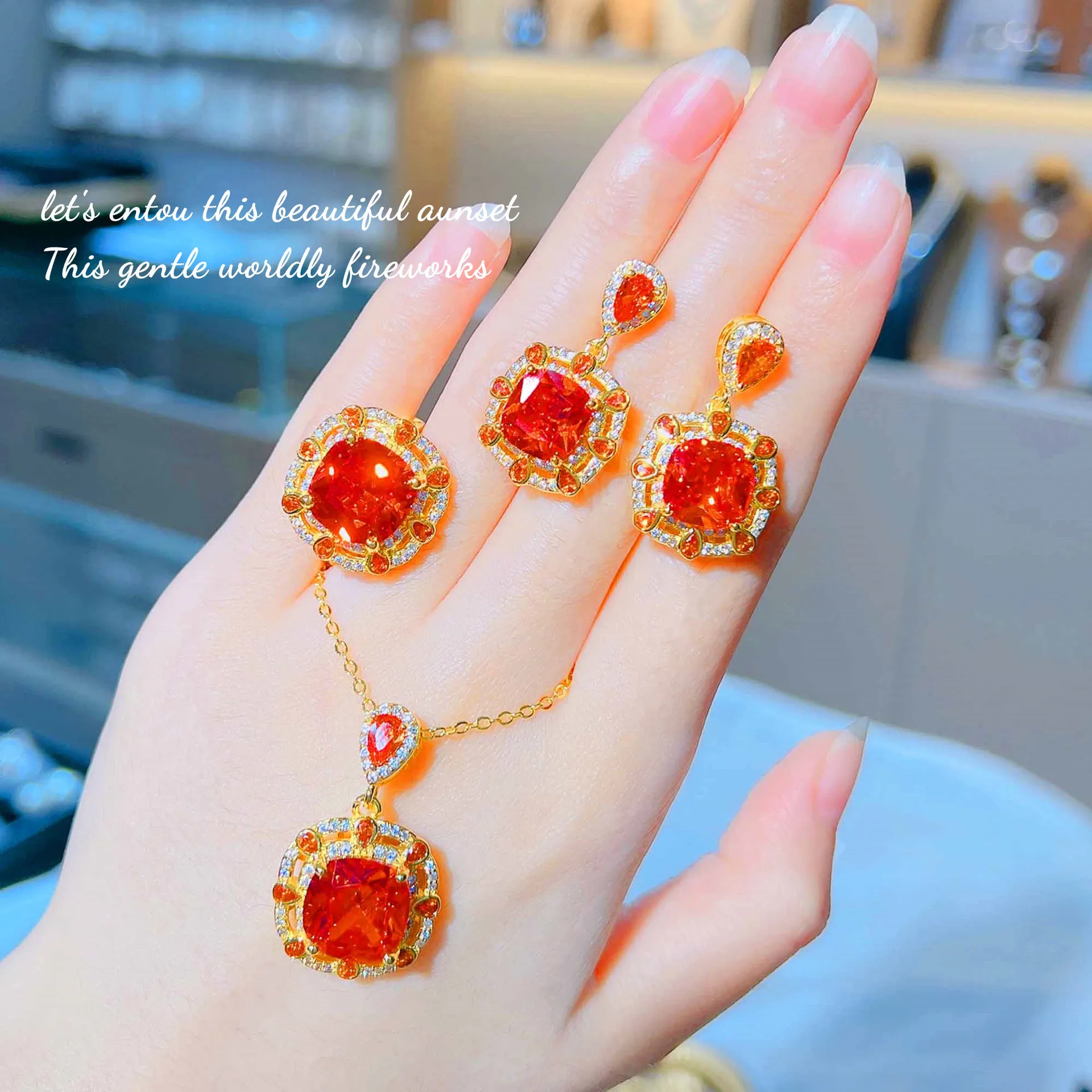 Luxury Fanta Orange Crystal Stone Jewelry Sets Pendant Necklaces Drop Earrings Rings Valentine's Day Gift Mother Day Presents
Luxury Fanta Orange Crystal Stone Jewelry Sets Pendant Necklaces Drop Earrings Rings Valentine's Day Gift Mother Day Presents