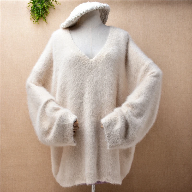 

Female Women Fall Winter Clothing Beige Hairy Mink Cashmere Knitted V-Neck Long Flare Sleeves Loose Lazy Oaf Pullover Sweater