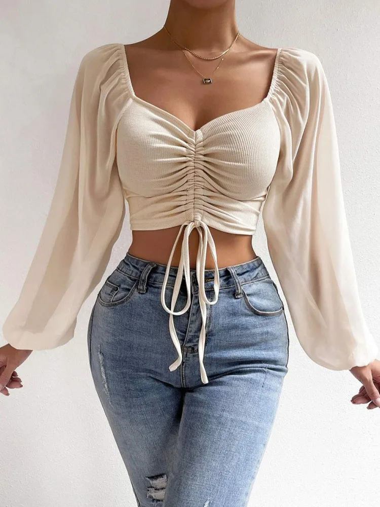 Vintage Chiffon Blouses Women Fashion Lantern Sleeve V-Neck Drawstring Crop Top Summer Skinny Sexy Slim Fit Shirt Roupa Feminina
Vintage Chiffon Blouses Women Fashion Lantern Sleeve V-Neck Drawstring Crop Top Summer Skinny Sexy Slim Fit Shirt Roupa Feminina