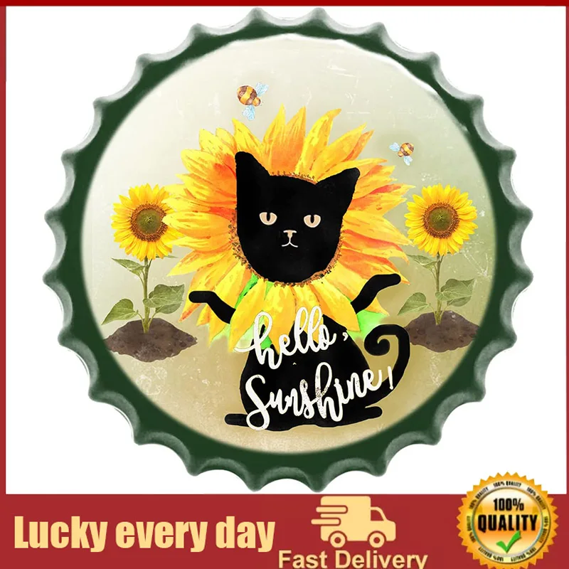

Hello Sunshine Rustic Sunflower Flower & Black Cat Retro Bottle Caps Metal Tin Signs Animal Wall Sign Farmhouse Wall Art Laundry