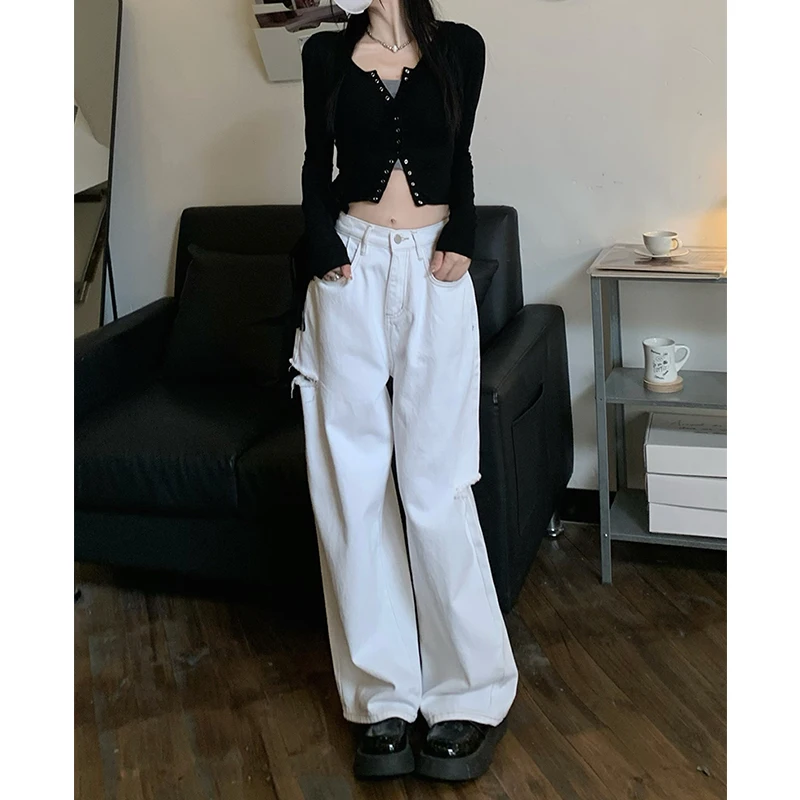 Women's White Wide Leg Jeans Ripped High Waist Vintage Baggy Straight Pants Casual Self Cultivation Denim Trouser Ladies Summer
Women's White Wide Leg Jeans Ripped High Waist Vintage Baggy Straight Pants Casual Self Cultivation Denim Trouser Ladies Summer