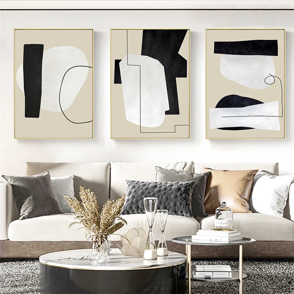 

Abstract Geometric Line Designs Beige Black White Poster Canvas Paintings Wall Art Print Picture for Living Room Home Decoration