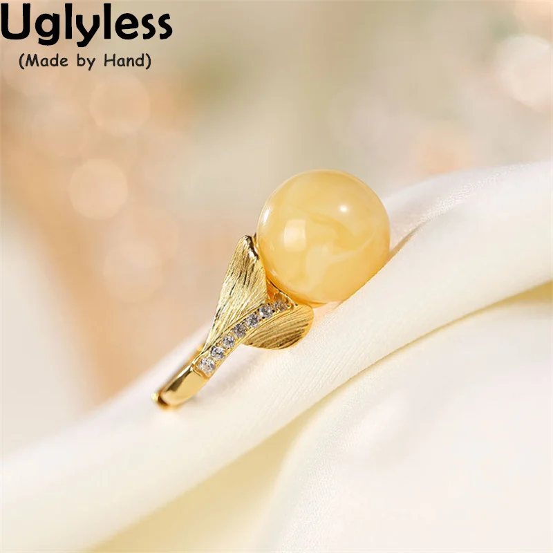 

Uglyless Gold 925 Silver Fish Tail Rings for Women Nature Gemstone Amber Beeswax Rings Crystals Fashion Jewelry Gemstones Bijoux
