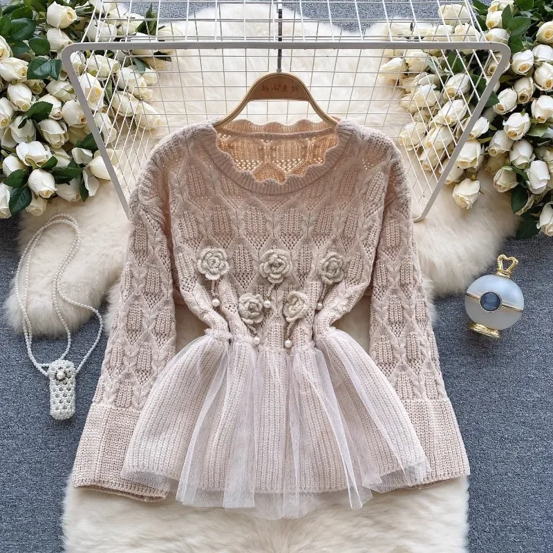 Women Spring 3D Floral Crocheted Knitted Pullovers Mesh Spliced Ruffles Flowers Sweater Shirts Knitwear Long Sleeve Jumpers Tops
Women Spring 3D Floral Crocheted Knitted Pullovers Mesh Spliced Ruffles Flowers Sweater Shirts Knitwear Long Sleeve Jumpers Tops