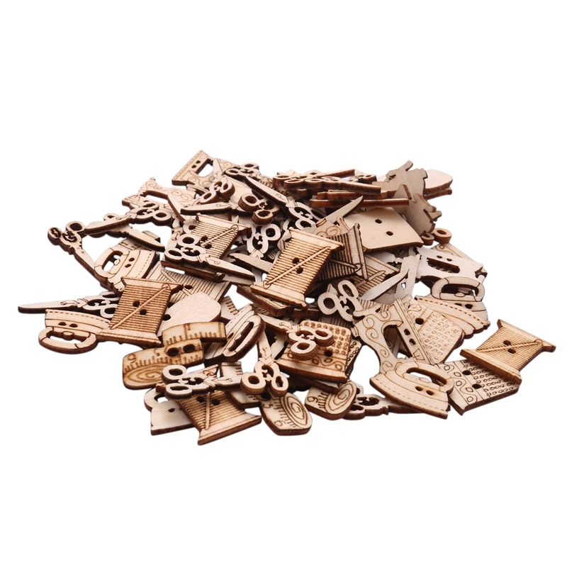

100Pcs Sewing Machine Scissors Shaped Wooden Buttons Sewing Button For Children Clothes Decorative Button Scrapbooking Accessory