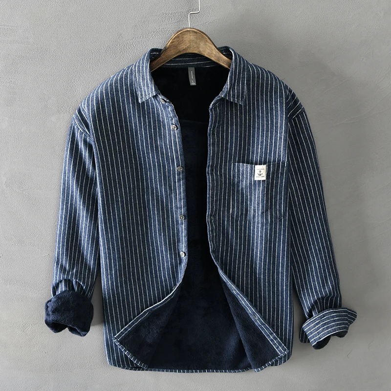 Men Winter Fashion Fleece Lined Warm Thick Classical Striped Shirts Male Long Sleeve Lapel Brushed Casual Retro Tops Clothing
Men Winter Fashion Fleece Lined Warm Thick Classical Striped Shirts Male Long Sleeve Lapel Brushed Casual Retro Tops Clothing