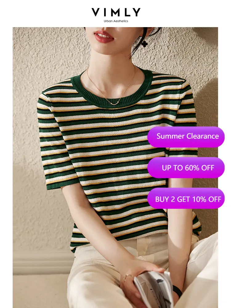 VIMLY Summer Knitted Striped T-shirt Women 100% Cotton Elegant Office Lady Short Sleeve Sweater Tops Female Clothing V3155
VIMLY Summer Knitted Striped T-shirt Women 100% Cotton Elegant Office Lady Short Sleeve Sweater Tops Female Clothing V3155