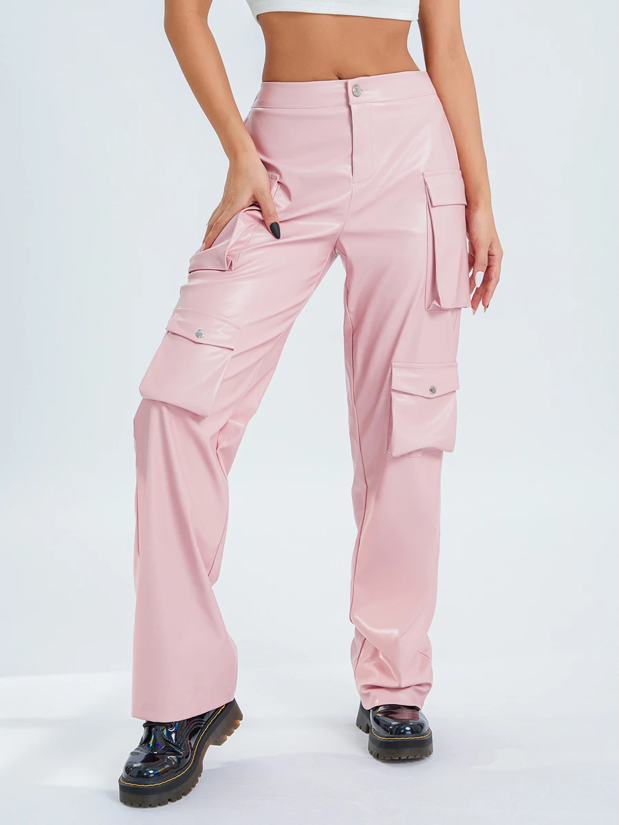 Женские прямые брюки из искусственной кожи с высокой талией, однотонные мешковатые брюки-карго с карманами, уличная одежда, черный/розовый цвета 
Женские прямые брюки из искусственной кожи с высокой талией, однотонные мешковатые брюки-карго с карманами, уличная одежда, черный/розовый цвета