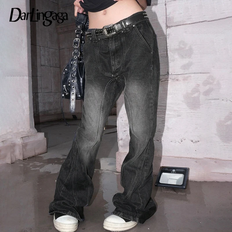 

Darlingaga Harajuku Y2K Chic Stitched Flared Trousers Women Grunge Gothic Low Waisted Denim Pants Distressed Street Style Capris