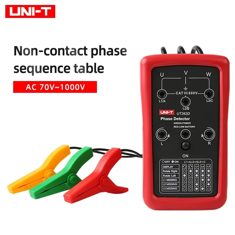UNI-T UT262D Бесконтактный измеритель последовательности фаз, вращающийся светодиодный зуммер, диапазон зарядки: 70-1000 В переменного тока
UNI-T UT262D Бесконтактный измеритель последовательности фаз, вращающийся светодиодный зуммер, диапазон зарядки: 70-1000 В переменного тока