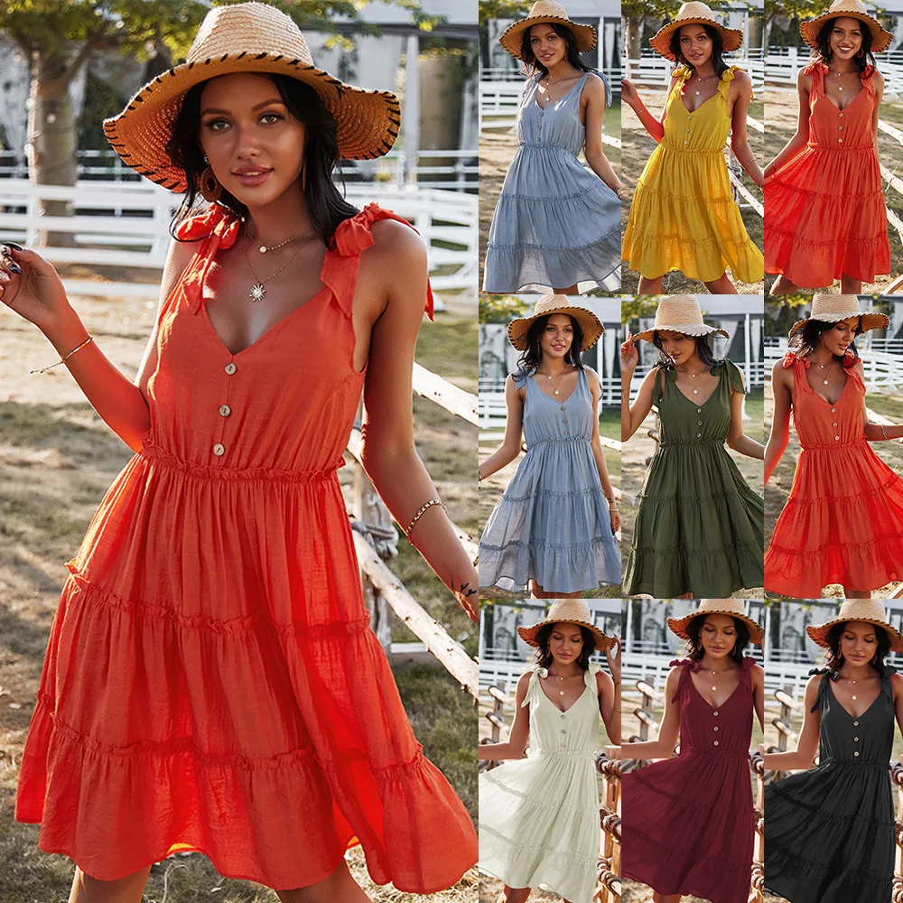 Women's Dresses Summmer Solid Sleeveless Deep V-Neck Collar Pleasted Design Dress with Shoulder Sashes Knot
Women's Dresses Summmer Solid Sleeveless Deep V-Neck Collar Pleasted Design Dress with Shoulder Sashes Knot