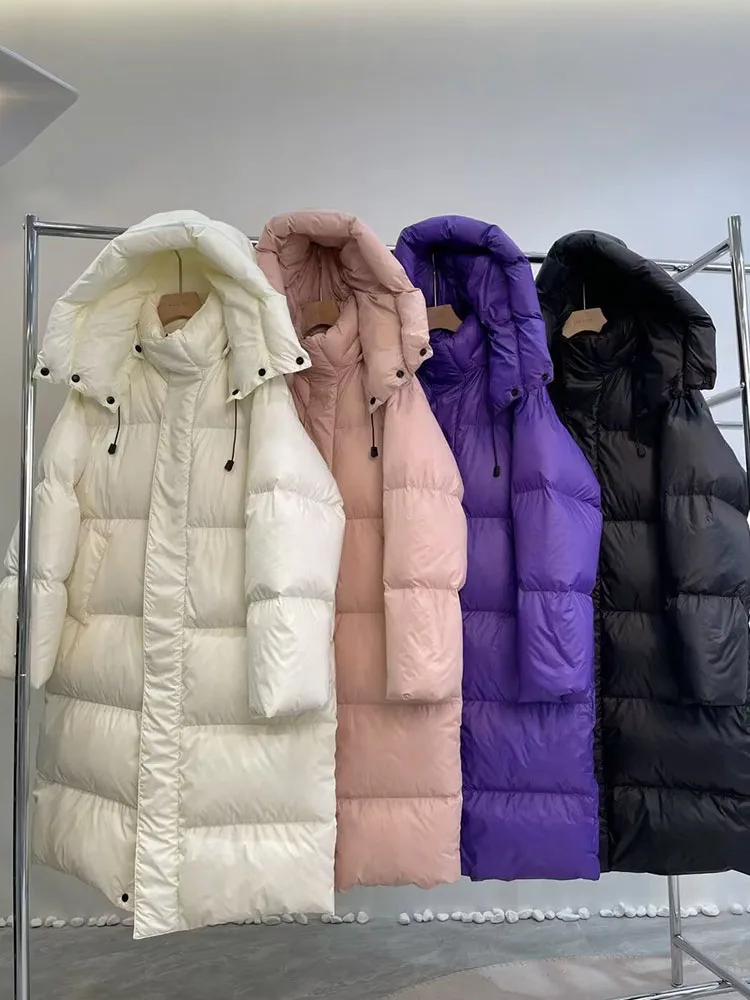Зимняя женская куртка на белом утином пуху, однотонное пальто на молнии с капюшоном и карманами, свободное утепленное длинное пальто выше колена, 2023 
Зимняя женская куртка на белом утином пуху, однотонное пальто на молнии с капюшоном и карманами, свободное утепленное длинное пальто выше колена, 2023