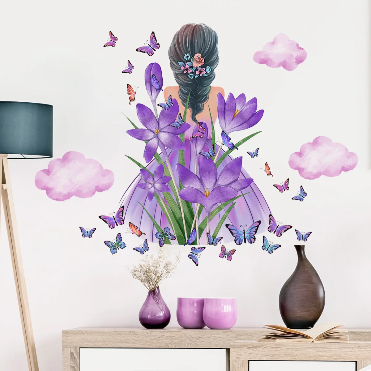 

Самоклеящаяся виниловая наклейка на стену с изображением фиолетовых цветов девушек бабочек облаков для гостиной и спальни