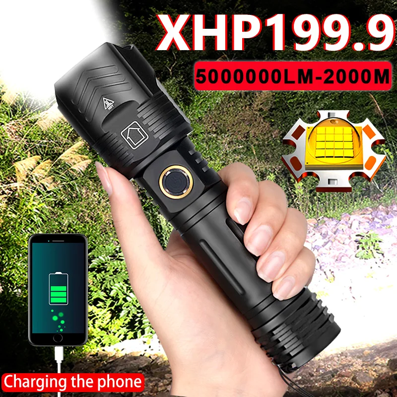 

5000000 Lumens Powerful LED Flashlight 5200mAH USB Rechargeable Portable Zoom Torch XHP199.9 Tactical Flash Lamp Long Shot 2000m
