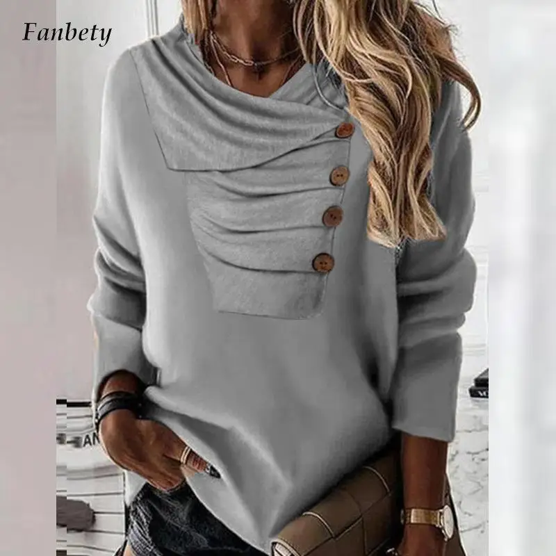 

Fashion Pile Collar Button Sweatshirts Autumn Casual Long Sleeve Loose Pullover Tops Winter Women Elegant Draped Solid Blouses