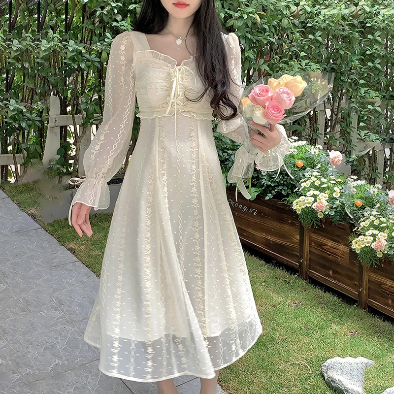 Floral Embroidery Spring Long Dress Women Vintage Sweet Square Collar Lace Dress Fairy Korean Elegant Party Dress White A-Line
Floral Embroidery Spring Long Dress Women Vintage Sweet Square Collar Lace Dress Fairy Korean Elegant Party Dress White A-Line