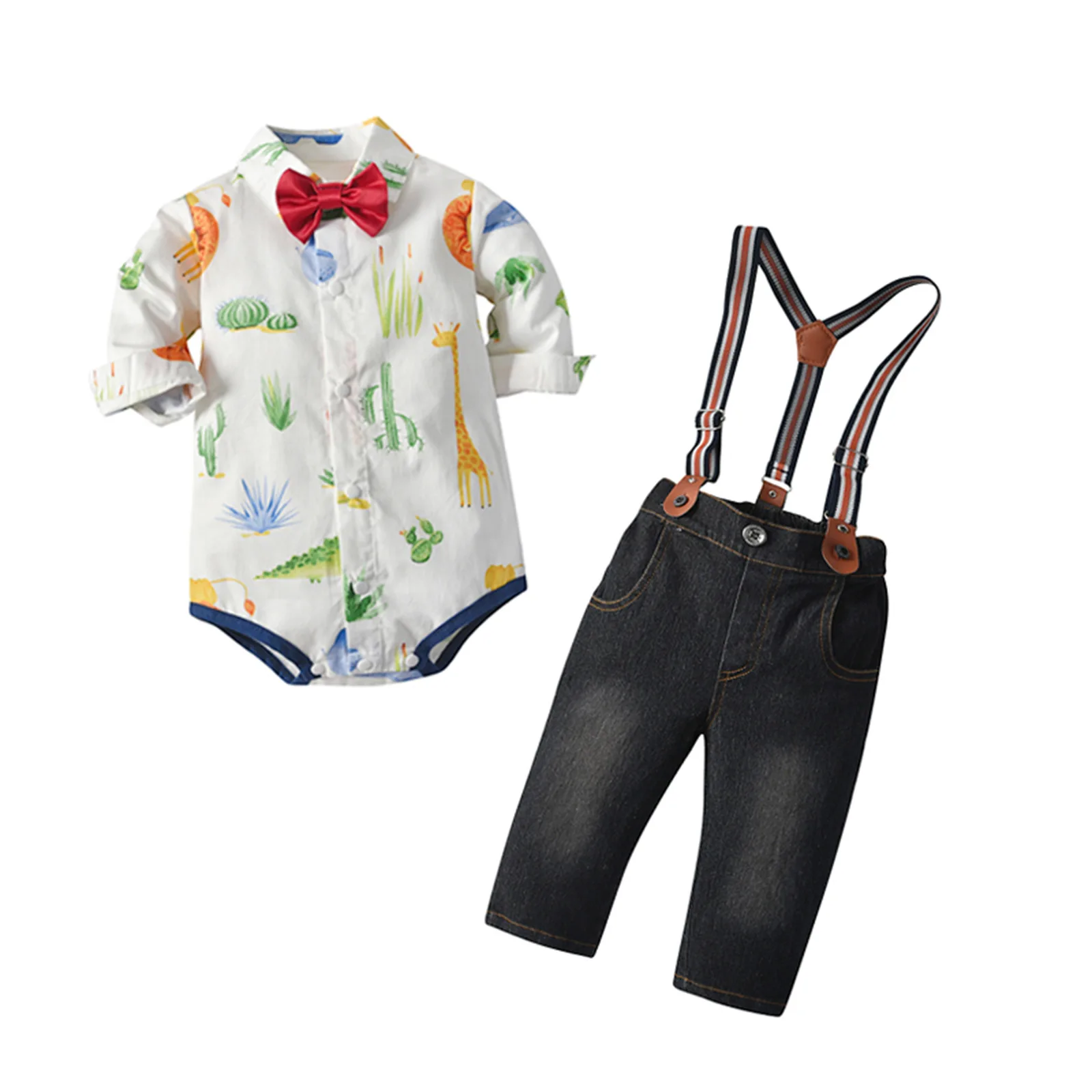 New Baby Boys Clothes Set Animal Print Lapel Neck Romper T-Shirt + Suspender Jeans + Bow-Knot Tie 3 Months-4 Years Fashion
New Baby Boys Clothes Set Animal Print Lapel Neck Romper T-Shirt + Suspender Jeans + Bow-Knot Tie 3 Months-4 Years Fashion