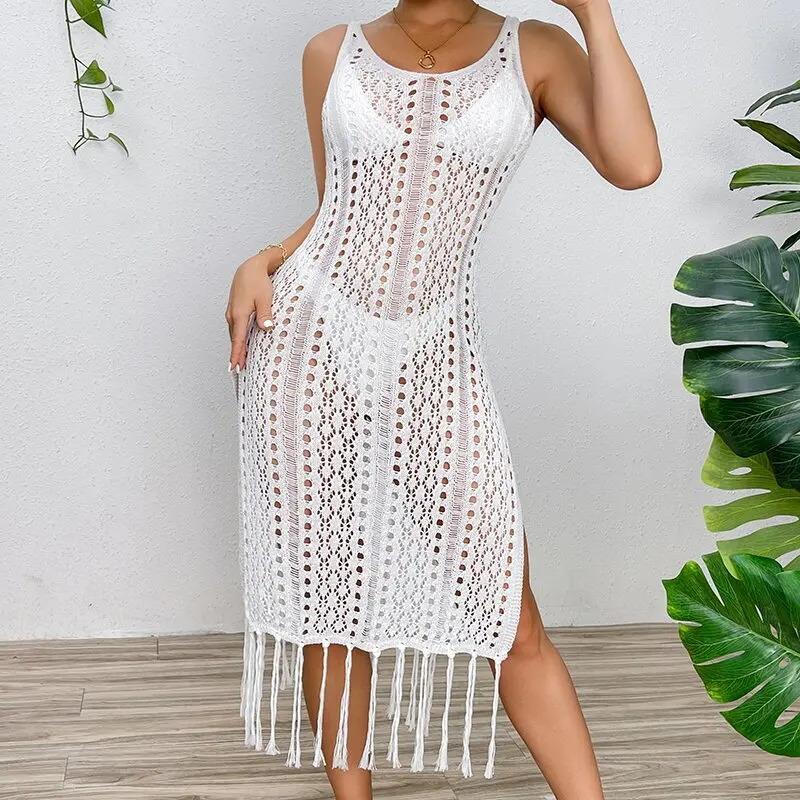 

One Piece New Sexy Hollow Out Tassels Tunic Beach Cover Up Cover-ups Beach Dress Beach Wear Beachwear Women Sleeveless Summer