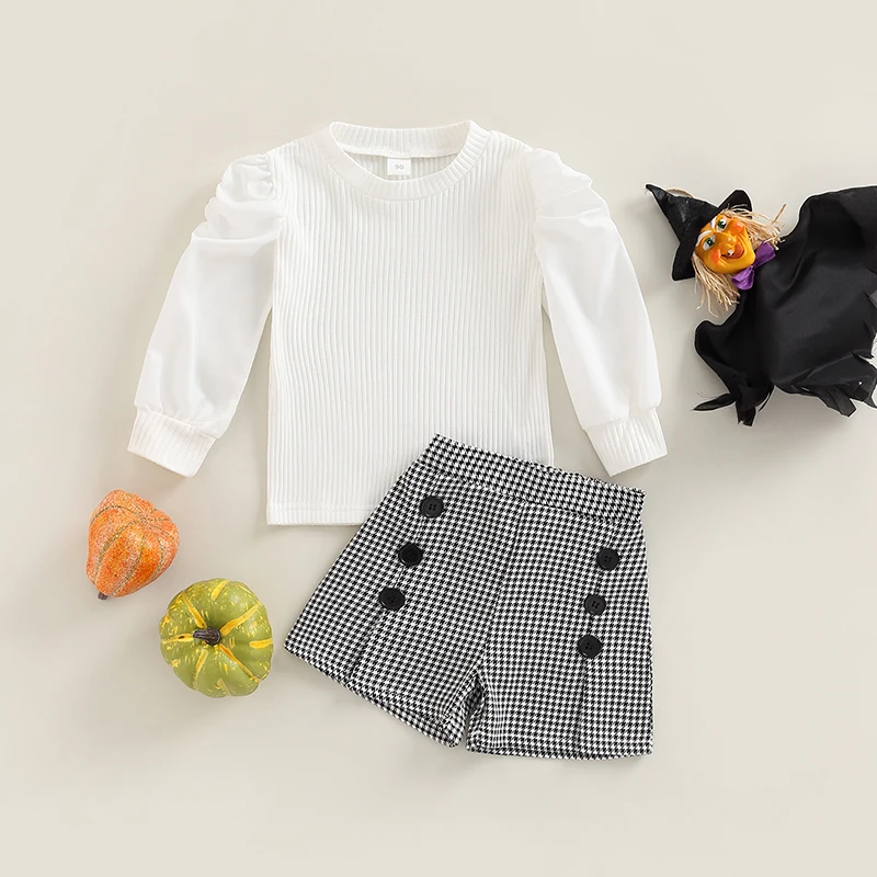 Kids Baby Girls Outfit Rib Crew Neck Long Sleeve Tops and Casual Houndstooth Print Button Shorts Set
Kids Baby Girls Outfit Rib Crew Neck Long Sleeve Tops and Casual Houndstooth Print Button Shorts Set