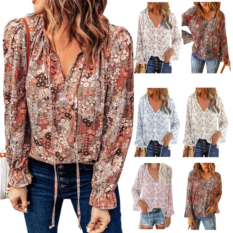 Women Floral Print Chiffon Blouse V Neck Drawstring Flared Long Sleeves Pullover Casual Tops Office Lady Flower Blouses
Women Floral Print Chiffon Blouse V Neck Drawstring Flared Long Sleeves Pullover Casual Tops Office Lady Flower Blouses
