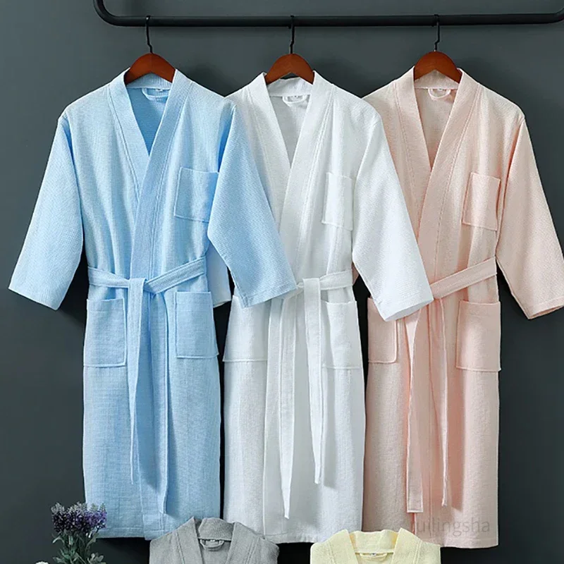 

Men 100% Cotton Suck Water Towel Bath Robes Plus Size Long Kimono Waffle Bathrobe Hotel Women Dressing Gown Summer Spa Sleepwear