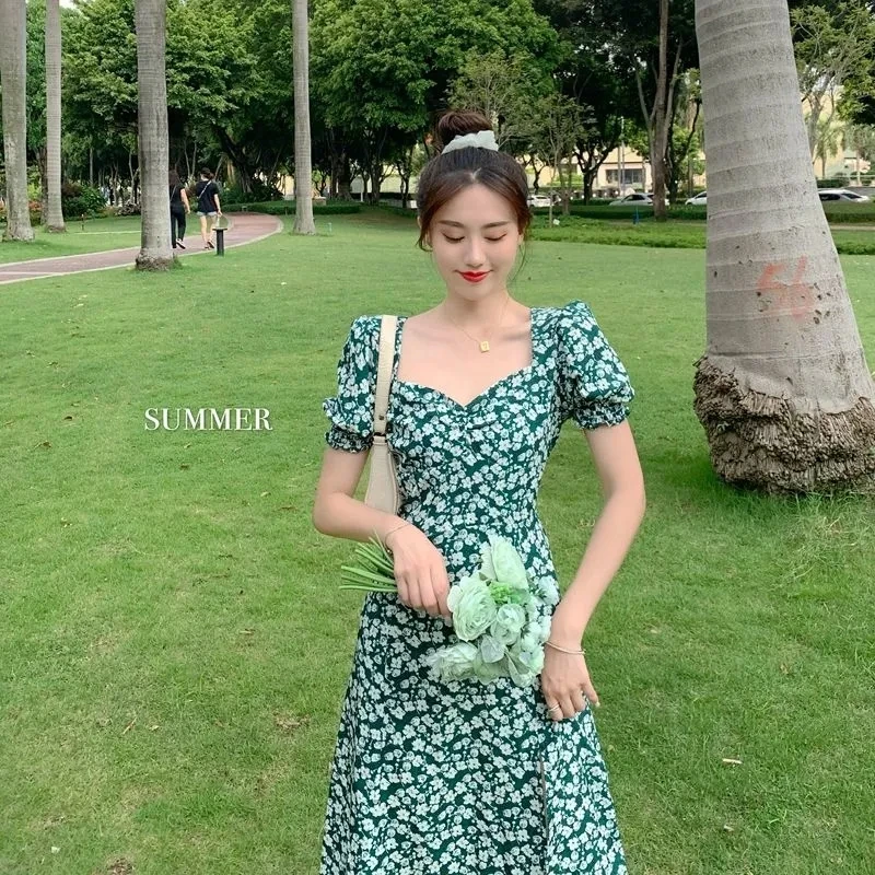 Green Square Collar Puff Short Sleeve Floral Print Dress Women High Waist Slim Sexy Split Midi Dress Female Summer Korean Dress
Green Square Collar Puff Short Sleeve Floral Print Dress Women High Waist Slim Sexy Split Midi Dress Female Summer Korean Dress