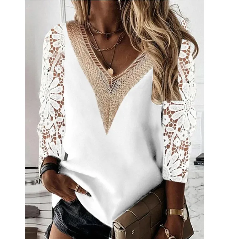 Long Sleeve Hollow Lace White Chiffon Shirt Women Elegant Pullover Casual Blouses Women Solid Lady Slim V-neck Tops Mujer 25948
Long Sleeve Hollow Lace White Chiffon Shirt Women Elegant Pullover Casual Blouses Women Solid Lady Slim V-neck Tops Mujer 25948