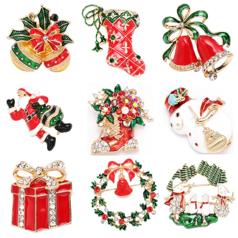 

Xmas Enamel Snowman Stockings Santa Bells Brooch Pin Christmas Jewelry Gift For Women Men Brooches Charm Crystal Rhinestone