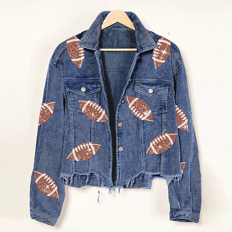 

Corduroy Football Sequins Jacket Fashion Game Sequin Embellished Denim Jacket Girls Spring Autumn Tassel Football Jacket