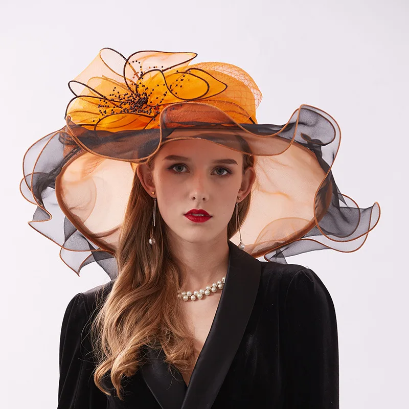 

Big Brim Fedora Hats For Women Organza Sun Hats Flower Ladies Wedding Party Kentucky Derby Wide Church Fedoras