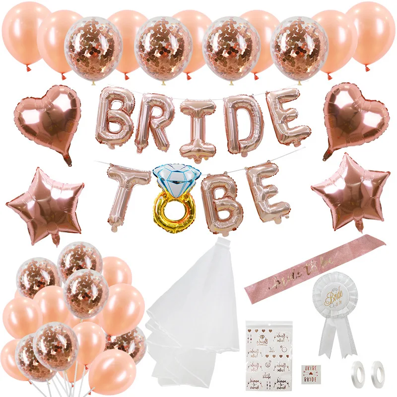 

Team Bride To Be Rose Gold Balloons Banner Wedding Decoration Veil Headband Bridesmaid Sash Bracelet Bachelorette Party Supplies
