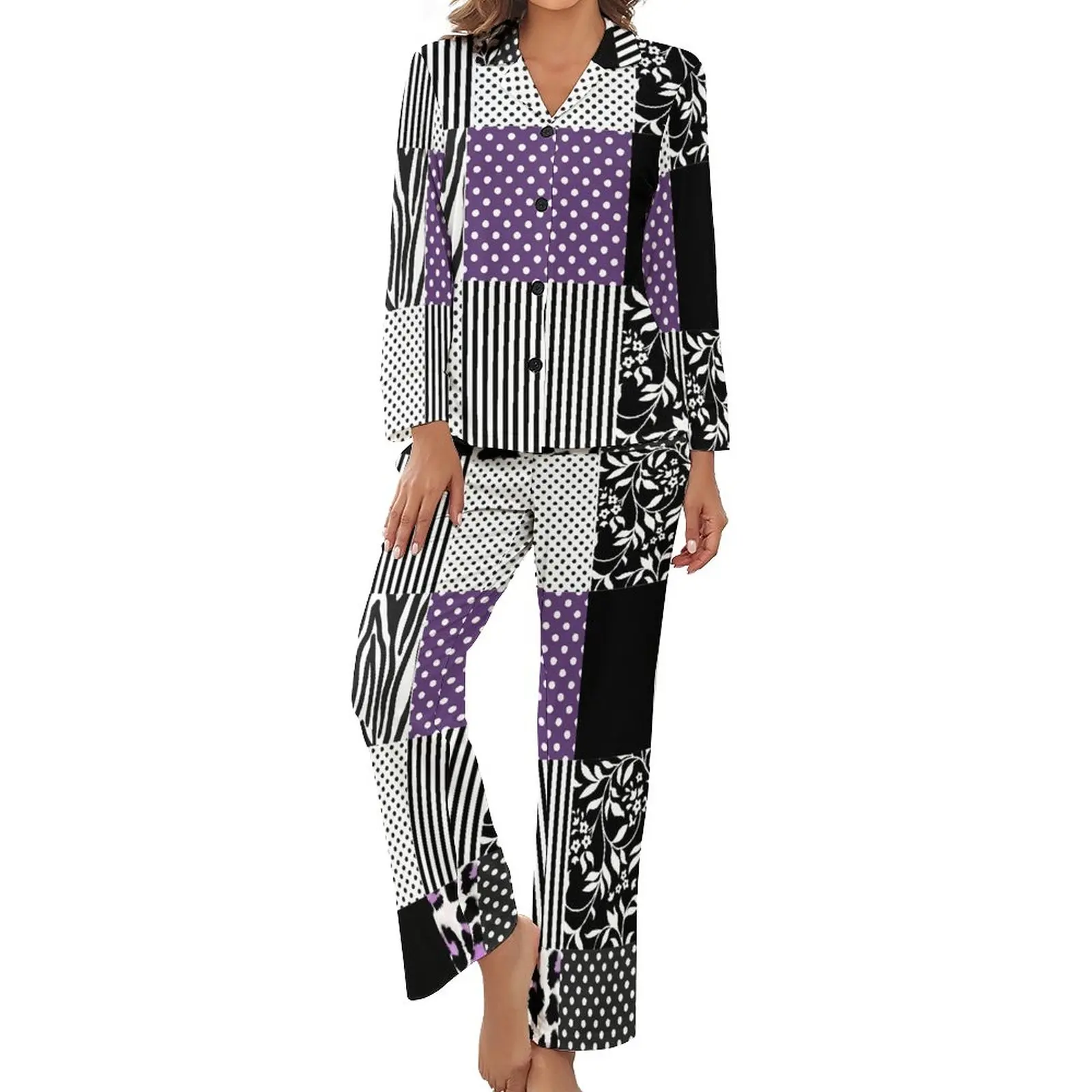 Пижама с пэчворком из двух предметов, милая Пижама фиолетового и черного цвета, с длинным рукавом, V-образным вырезом, одежда для сна на заказ
Пижама с пэчворком из двух предметов, милая Пижама фиолетового и черного цвета, с длинным рукавом, V-образным вырезом, одежда для сна на заказ