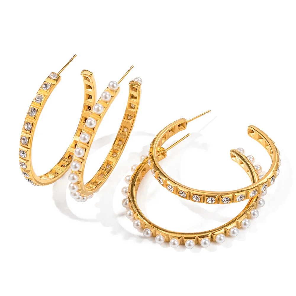 

Stainless Steel PVD 18K Gold Plated Tarnish Waterproof Big Size Rhinestoned Pearl Inlay Hoop Earrings Woman Jewelry Wholesale