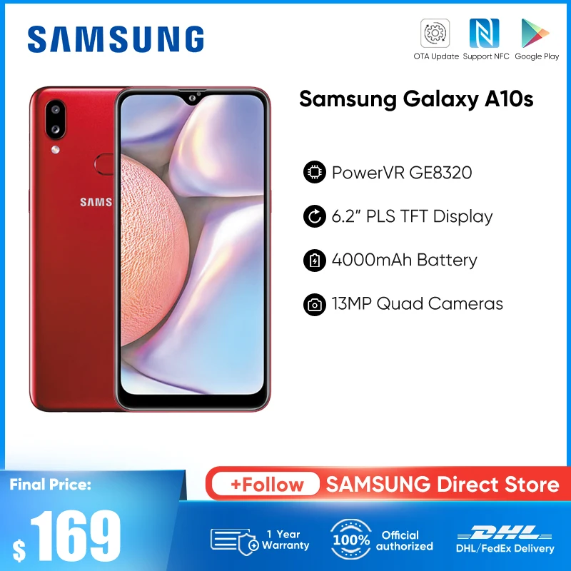 

Original Samsung Galaxy A10S Red Smartphone 2GB RAM 32GB ROM Android Cell Phone 6.2" 13MP 4G LTE Mobile Phone 4000mAh Battery