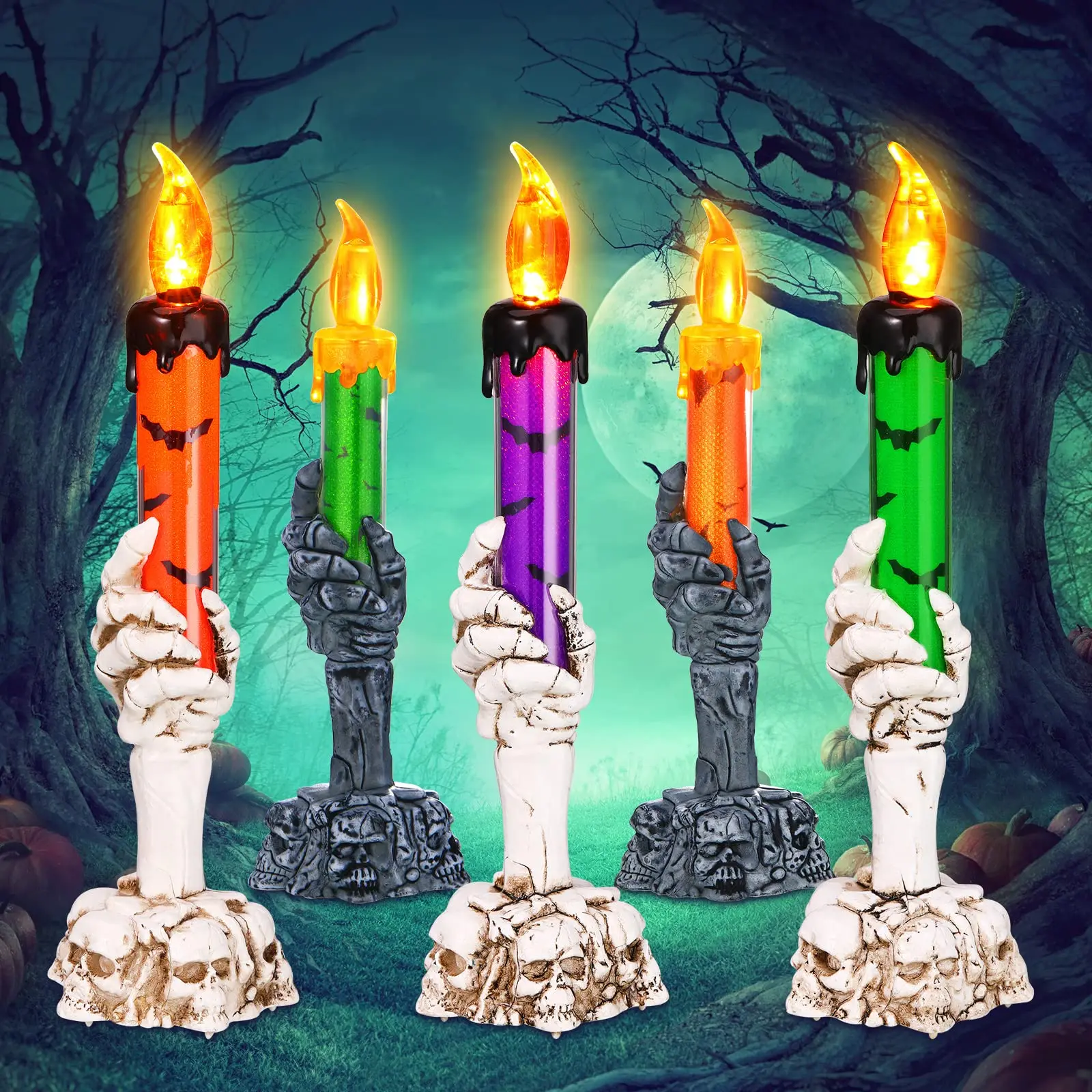 

Halloween Skull Candle Holder Light Skeleton Spooky Candle Light Ghost Decor Flameless Lamp for Halloween Party Bar Decoration