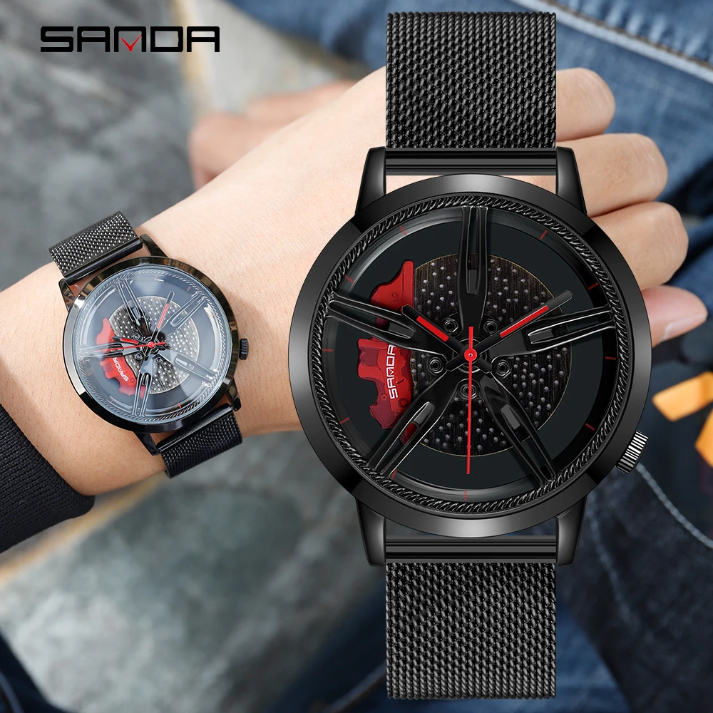 

SANDA Fashion Men Quartz WristWatch Car Racing Wheel Dial Wristwatches Waterproof Sport Stainless Steel Grid Band Rim Hub Watch