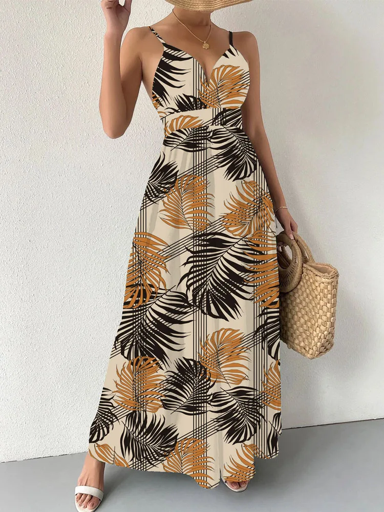 Casual Leaf Plant Print Loose Beach Boho Dress Women Elegant Backless Sling Party Dress Sexy V Neck Spaghetti Straps Long Dress
Casual Leaf Plant Print Loose Beach Boho Dress Women Elegant Backless Sling Party Dress Sexy V Neck Spaghetti Straps Long Dress