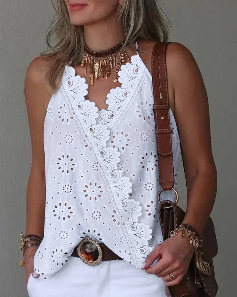 

Eyelet Embroidery Lace Patch Halter Wrap Tank Top Chic Fashion Summer Daily High Style Sleeveless Form-fitting Woman