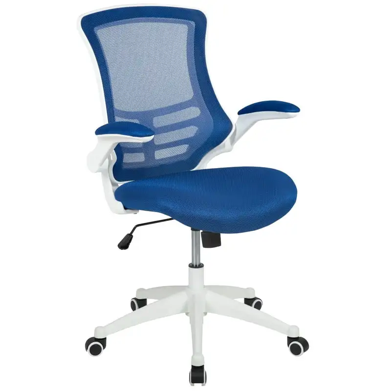 

Вращающийся эргономичный офисный стул синего цвета со средней спинкой, с белой рамкой и откидной крышкой, стул из Розового Металла, уличный обеденный стул
